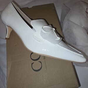 White Patent Mid-Heel Loafer with Decorative Knot